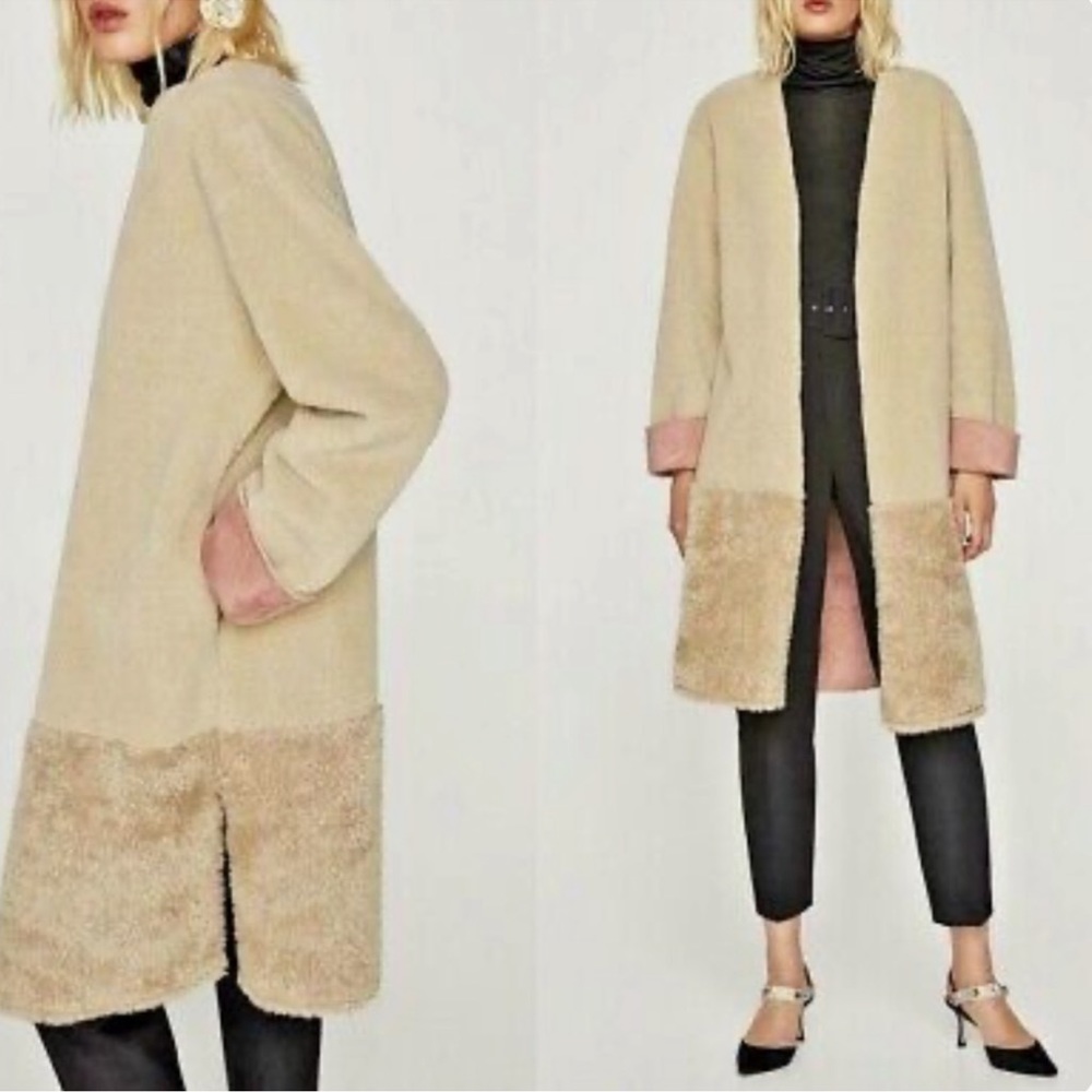 Zara Tan /beigePink Faux Fur Faux Shearling Open Front Coat Sz S